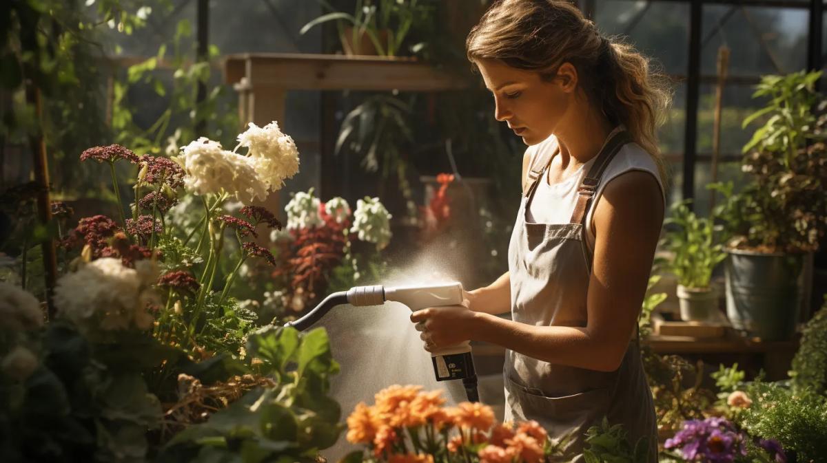 Woman watering plants outdoors, representing potential Roundup exposure during gardening