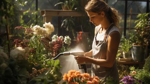 Woman watering plants outdoors, representing potential Roundup exposure during gardening